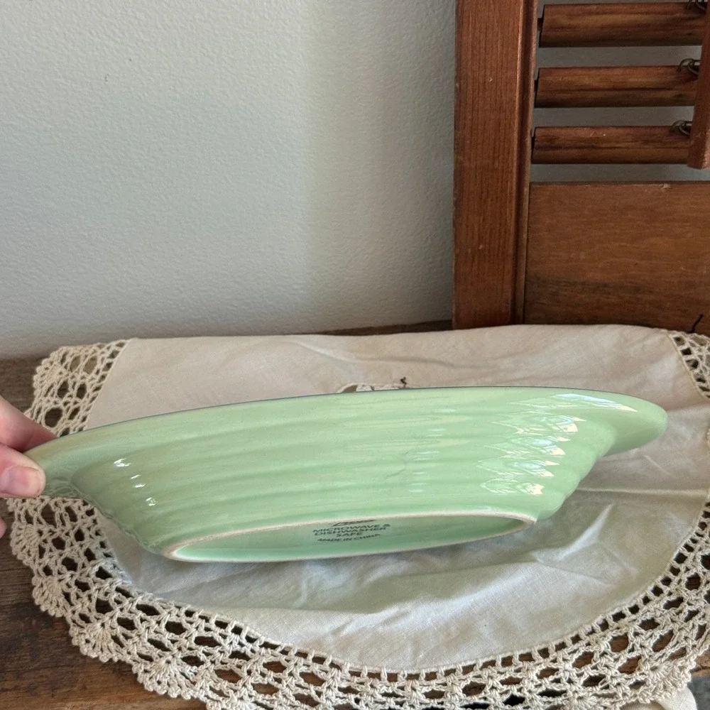 Trisa Blue and Green Two Tone Ribbed Ceramic Oval Serving Platter 9.5